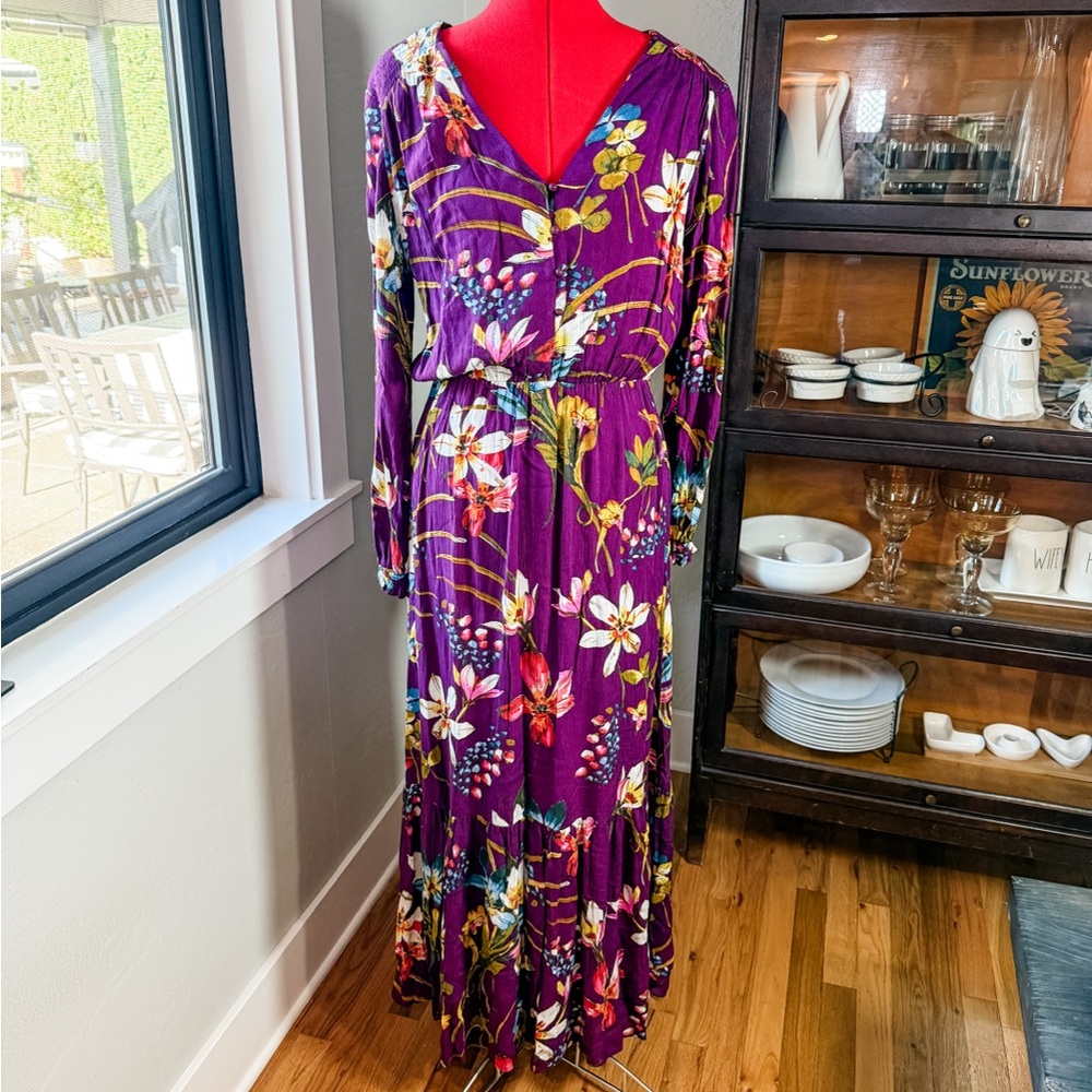 Beige by Eci Boho Resort Purple Floral Maxi Dress Size M